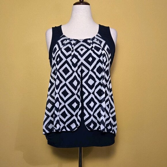 Alfani Women Tank Top Blouse Med Blue White Sleeveless Flowy Geometric Coastal - Picture 1 of 6